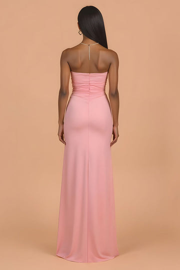 Blush Strapless Sheath Satin Ruched Long Bridesmaid Dress